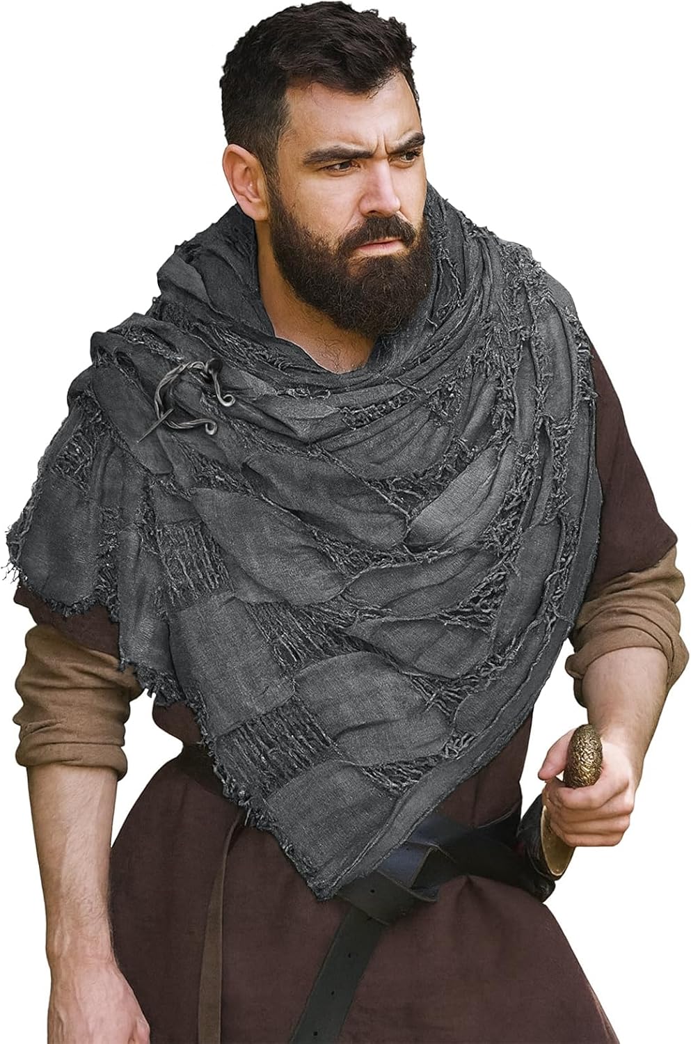 Post Apocalyptic Shawl Cape with Pin, Viking Cowl Scarf Wrap Medieval Renaissance Costume for Men Women Cosplay
