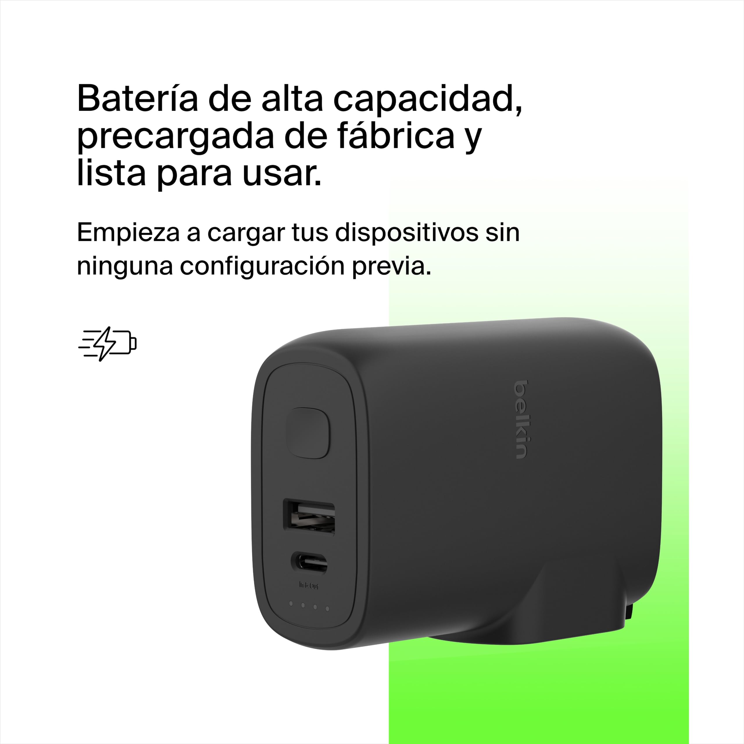 Belkin Cargador USB de Pared híbrido de 25 W con batería Externa de 5000mAh, Cargador portátil 25W 2 en 1 con 1 Puerto USB-C PD 3.0 y 1 Puerto USB-A, Power Bank de 2 Puertos USB y Cable USB-C a USB-C