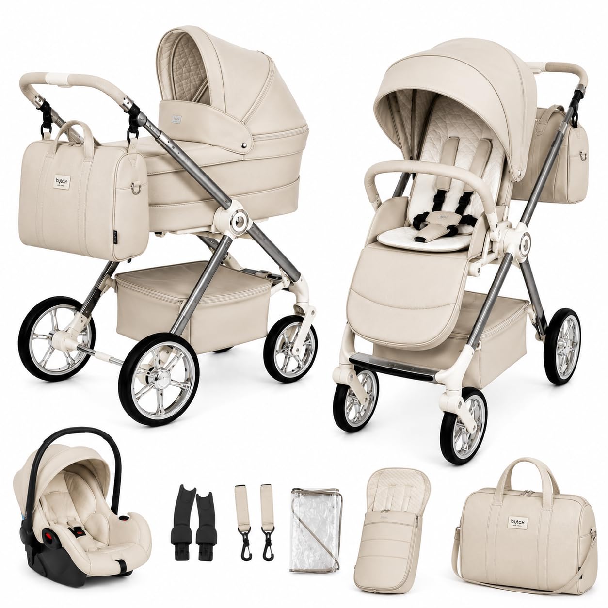 Calipso Carrito de Bebé 3 en 1 con Capazo, Silla de Paseo y Grupo 0+, Chasis de Aluminio, Plegado Compacto, Fabricado en España (Beige)