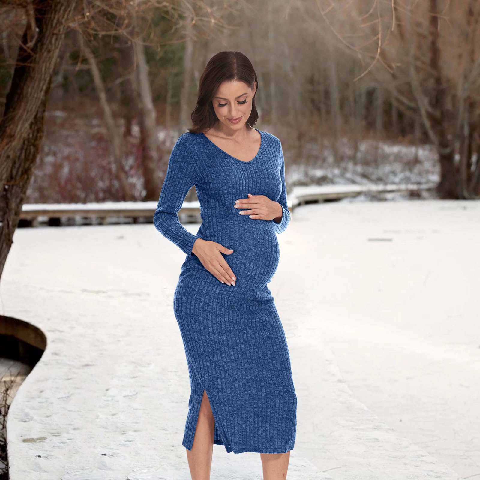 LAHILO Podkreślająca figurę sukienka ciążowa z dekoltem w serek i bocznymi falbankami, prążkowana, na baby shower