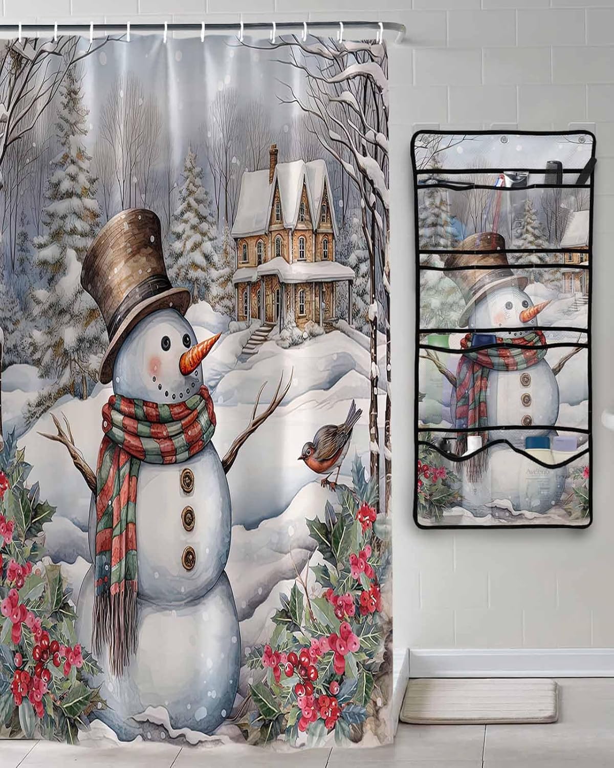 Shower Curtain Mesh Shower Organizer Hanging Set Christmas Snowman Poinsettia Snowy Xmas Tree Outdoor Waterproof Shower Curtains with