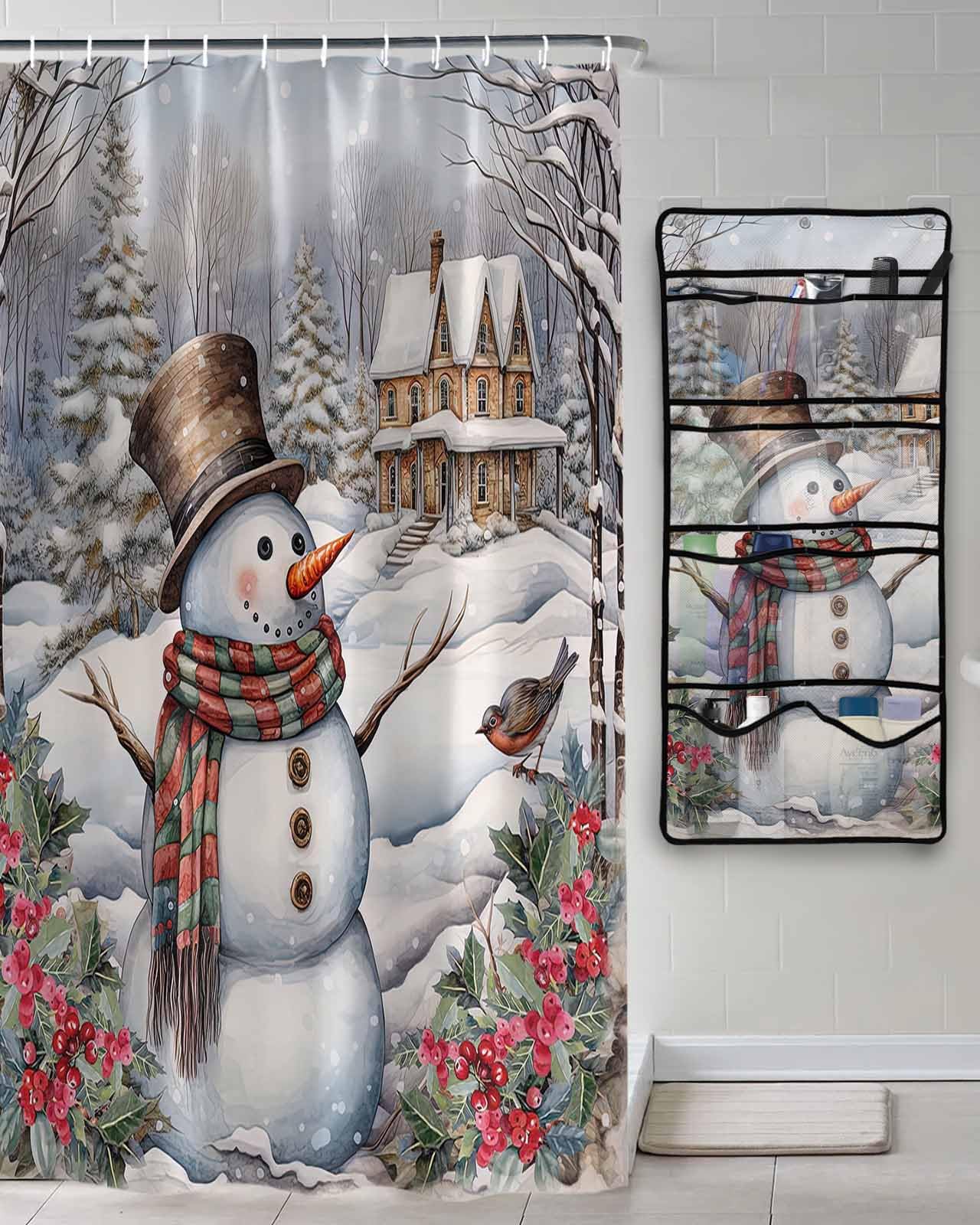 Shower Curtain Mesh Shower Organizer Hanging Set Christmas Snowman Poinsettia Snowy Xmas Tree Outdoor Waterproof Shower Curtains with