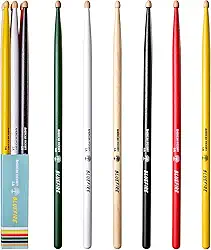 6 bastões/3 pares de baquetas 5A (cor sortida), baquetas clássicas de 5A, baquetas de nogueira com pontas de bolota, para bateria acústica ou eletrônica, baqueta Bluefire, peso correspondente.