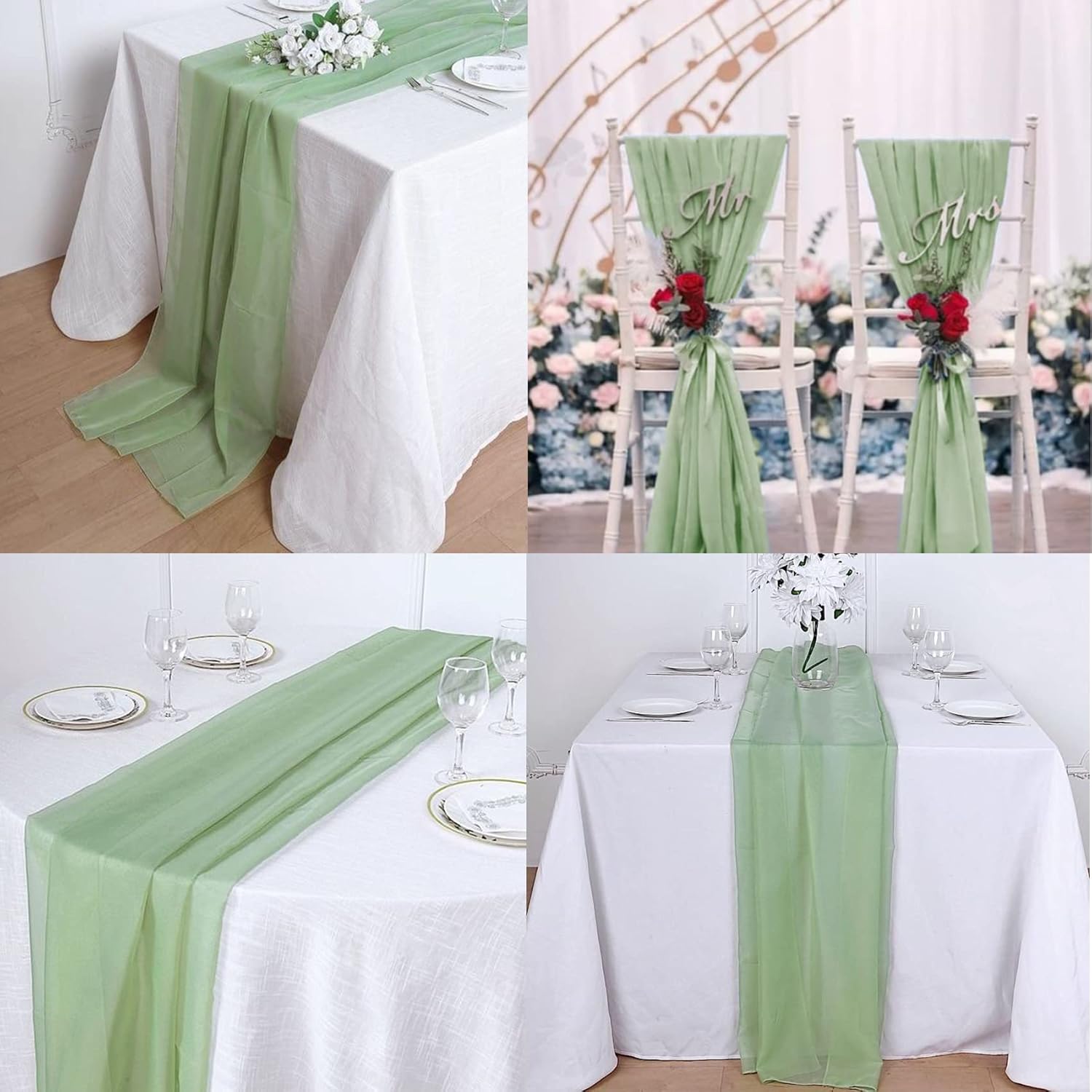 Fivenl 12 Packs Chiffon Table Runner - Sage Green, Sheer, Romantic Style for Wedding, Birthday, Party Decoration (12" x 120")