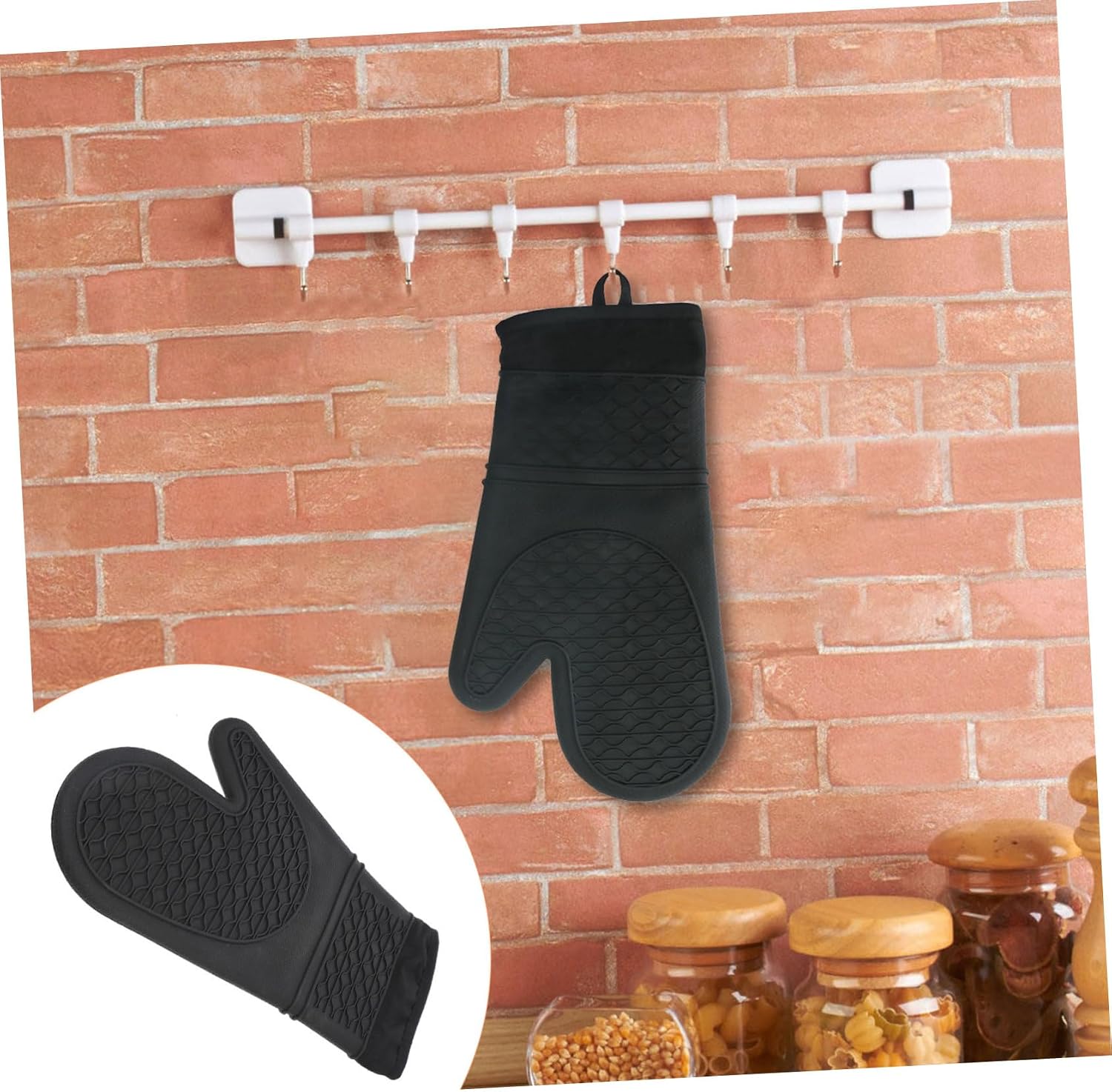 Sosoport Heat Resistant Oven Mitt Kitchen Gloves Non Slip Cooking Baking Glove for Microwave and Oven Use Black Protective Baking Cooking Safety
