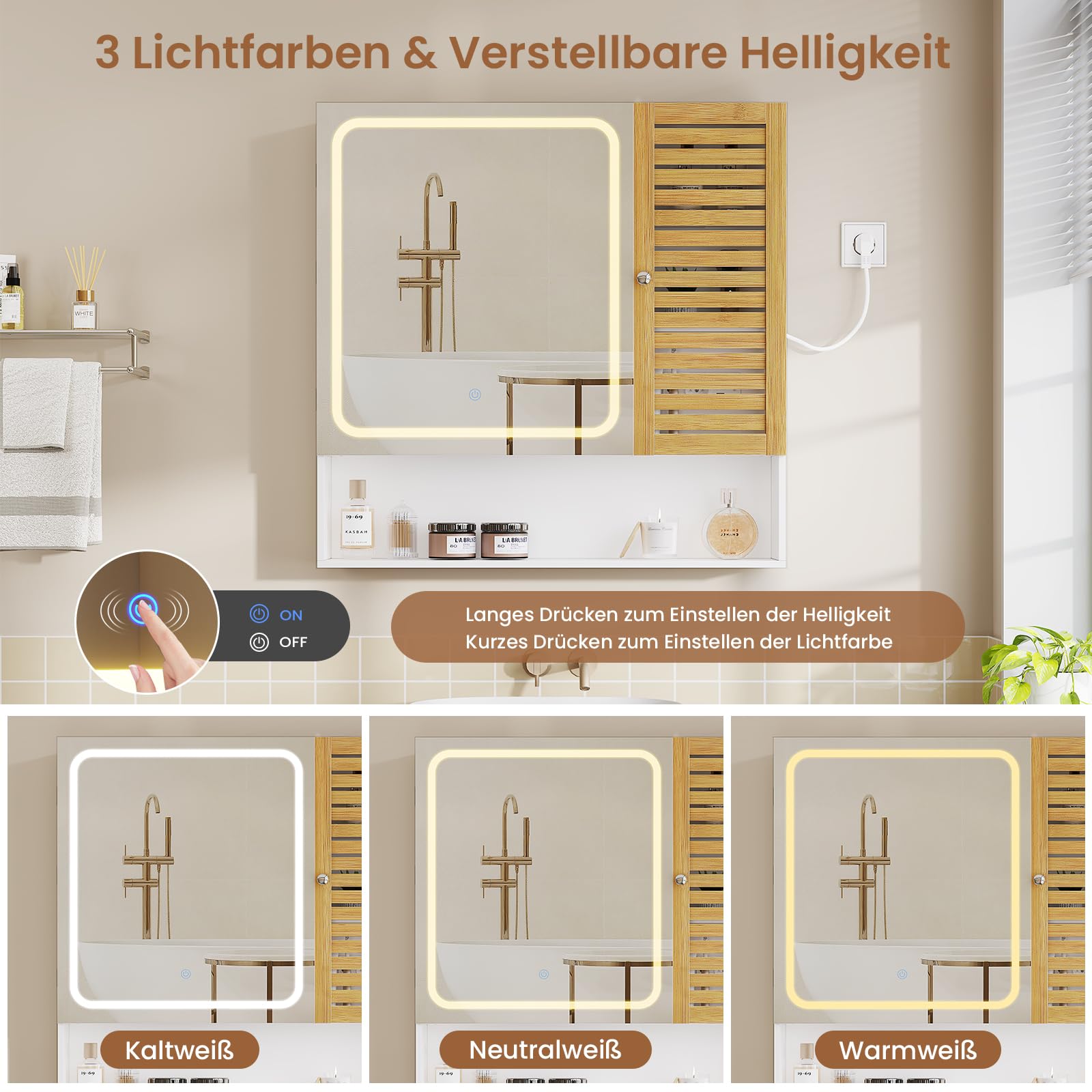 Spiegelschrank Bad mit LED-Beleuchtung & Steckdose 80cm Breit, Badezimmerschrank mit HD-Spiegel, Verstellbarer Ablage, Berührung Sensorschalter, Badschrank, für Badezimmer, 80×16×77cm, Weiß