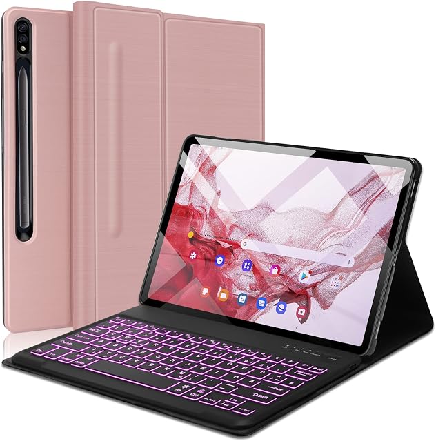 FOGARI Etui z klawiaturą QWERTZ do Samsung Galaxy Tab S8 Plus/S7 FE/S7 Plus 12,4", 7-kolorowe oświetlenie, Bluetooth, osłona klawiatury z uchwytem na długopis, kompatybilne z SM-T730/T736/X800/X806,