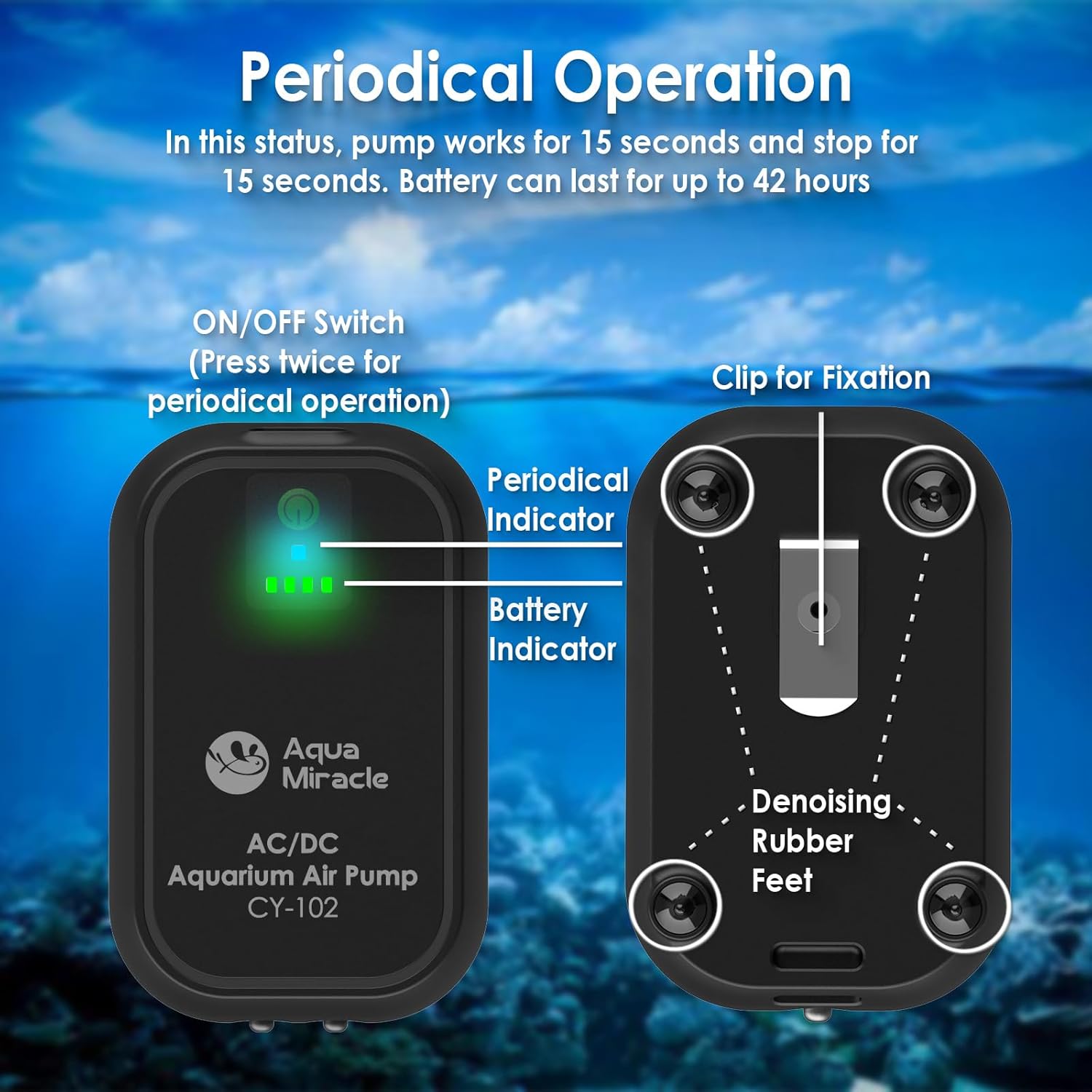 AquaMiracle air pump showing ON/OFF switch, periodical indicator, battery indicator, clip for fixation, and denoising rubber feet