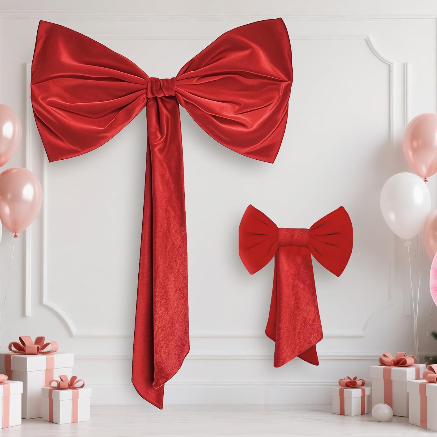 Eikovia Velvet Large Red Bow Decor Set (1 Big &1 Small) , Christmas/Wedding/Party/Home Decoration, for Gift Wrapping, Door Hangers, Curtains, Christmas Tree, Women & Kids Holiday Decor(Red,47x31 Inches)