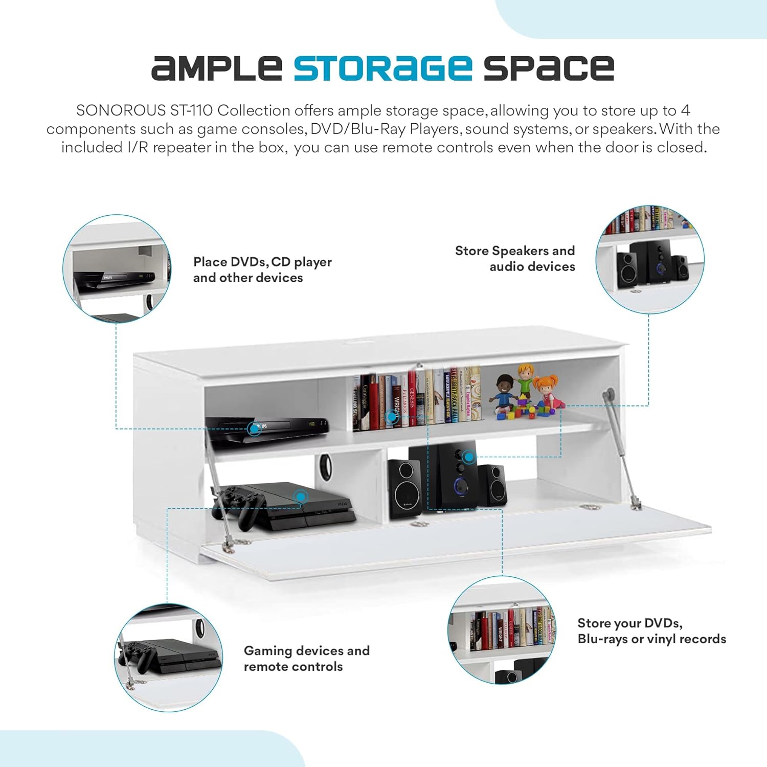 SONOROUS ST-110 Premium TV Stand with White Glass & White Wood Cover – Modern Entertainment Center & Media Console for Living Room – TV Cabinet up to 65 Inch with Hidden Wheels – Sleek Storage Design