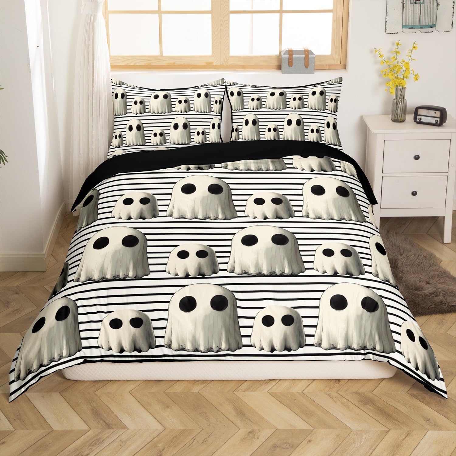 Cute Ghost Bedding Set Happy Halloween Bedding Duvet Cover Kids Teens Black White Stripes Comforter Cover Soft Bedspread Cover Bedroom Quilt Cover 2Pcs Toddler,No Comforter