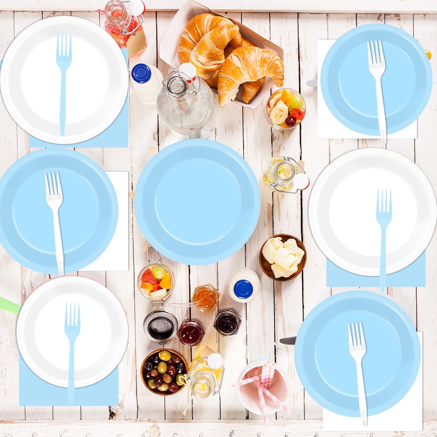 CHUNNIN 96PCS Baby Blue and White Party Paper Plates and Napkins for Birthday Party Supplies Light Blue Paper Dessert Plates Tableware Set for 24 Guests Baby Shower Birthday Bachelorette Decorations