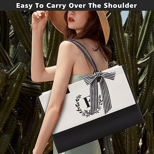 Miniatura 4 de Bolsa de playa personalizada de lona con inicial, bolsa de regalo con monograma para mujeres, adecuada para bodas, cumpleaños, playa, vacaciones