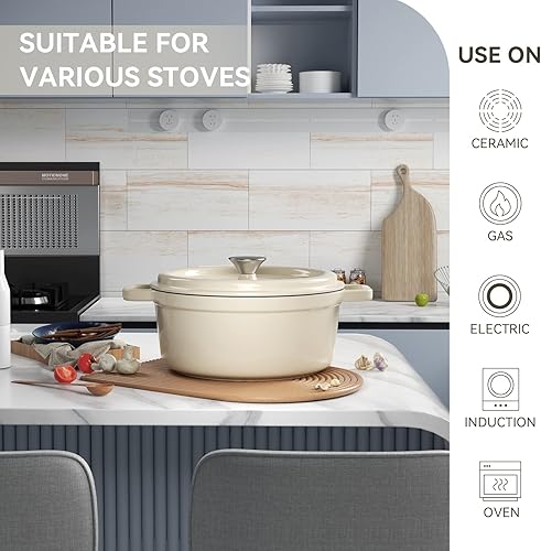 Miniatura 4 de Miereirl Olla Holandesa Esmaltada de 6.5 Cuartos con Tapa, Olla Holandesa de Hierro Fundido con Asas Dobles para Hornear Pan, Cocinar, Utensilios de