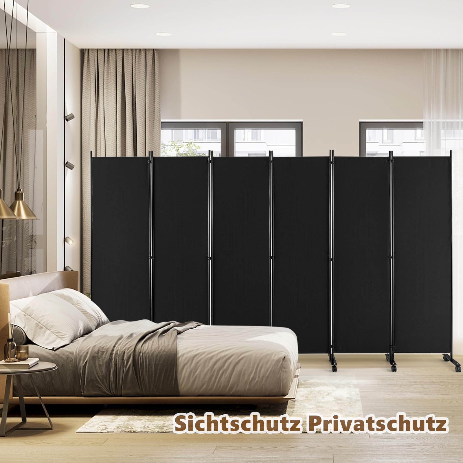 GIANTEX Paravent Raumteiler mit Rollen Raumtrenner Spanische Wand 6 Teilig | Trennwand Garten Balkon Terrasse 335x173 cm Umkleide Sichtschutz Klappbar Mobil Stellwand aus Stoff Innen & Außen Schwarz
