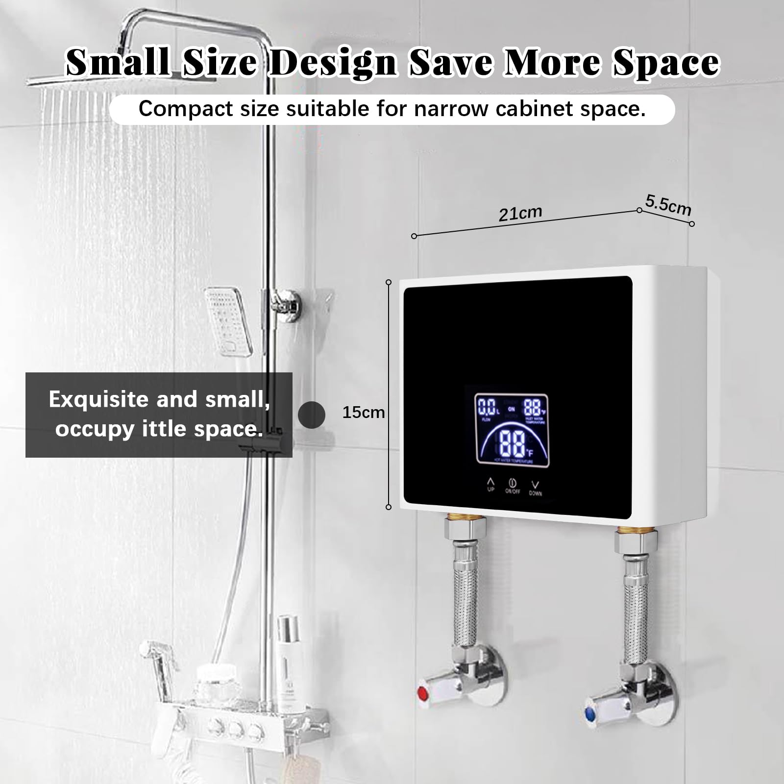 Calentador de Agua Instantáneo, 5500W Calentador Eléctrico con Pantalla LED | Mini Calentador 230V para Cocina y Ducha Baño, Sin Enchufe, Resistente a la Presión, Calentamiento Rápido, Impermeable IPX4