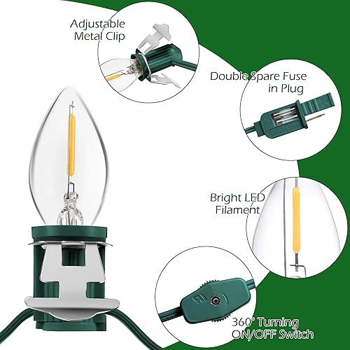 Miniatura 5 de Cable de accesorio con 9 bombillas LED de 16.4 pies, cable C7 con clip de luces con doble fusible de repuesto, molde de soplado, decoración de