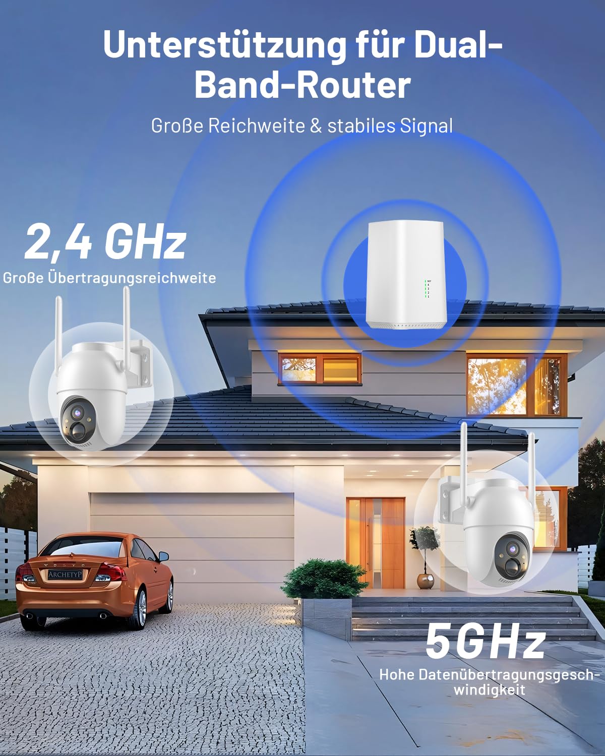 2K Überwachungskamera Aussen Akku Solar, 2-Cam-Set mit Basisstation | 360° PTZ Kabellos, 32G Lokaler Speicher, Keine Gebühren, KI-Erkennung, Farbe Nachtsicht 2 Wege Audio, 5G/2,4G WLAN, für Haus