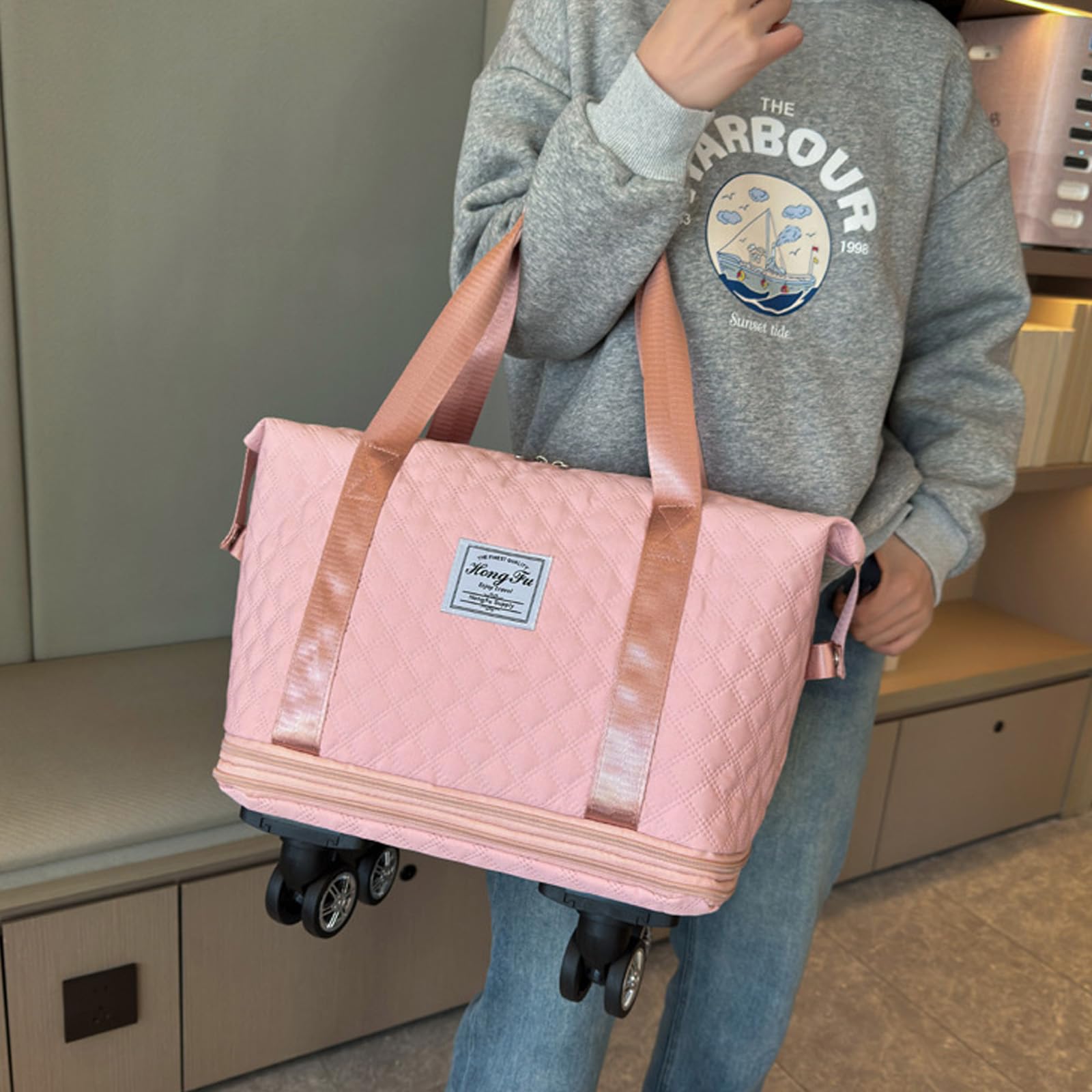 Bolsa de viaje con ruedas, expandible, bolsa de gimnasio, bolsa de fin de semana, bolsa de equipaje de gran capacidad, bolsa de fitness plegable, Black