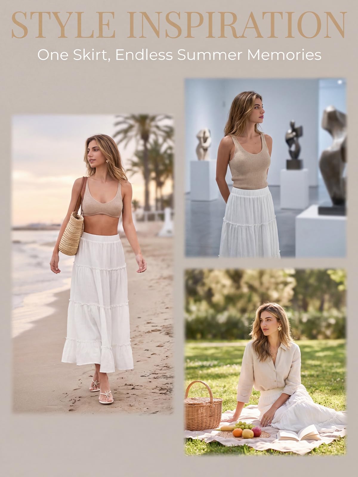 CUPSHE Damen Maxirock Sommerrock Boho A-Linie High Waist Volant Gesmokter Bund Leichter Strandrock Flowy Blickdicht Elegant Langer Rock