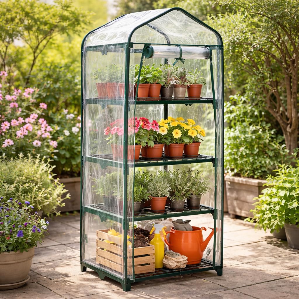 Garden Mile 4 Tier Mini Greenhouse 4FT for Indoor & Outdoor Reinforced Four Shelf Garden Growhouse Heavy Duty Portable 130cm Space Saving Grow PVC Cover