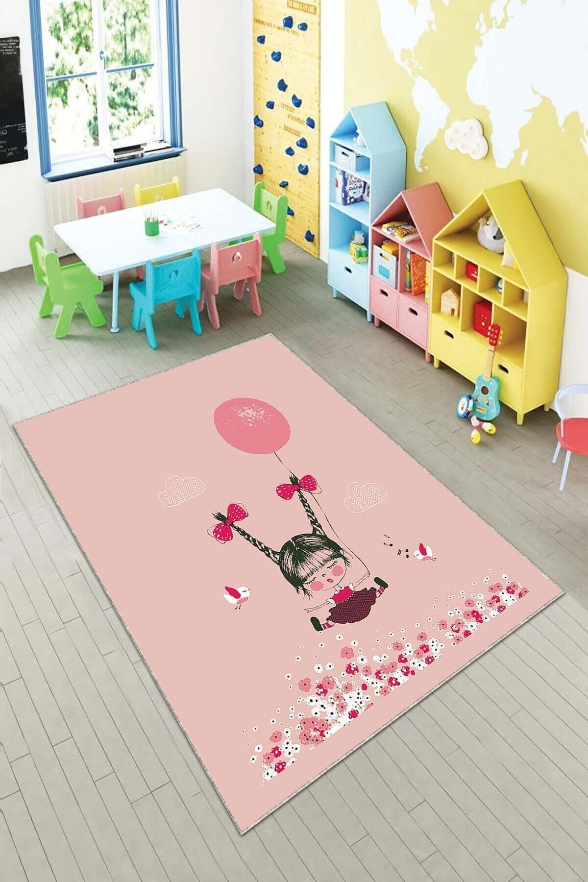 Pelangi Balonla Uçan Kız Dijital Baskılı Yıkanabilir Kaymaz Taban Kız Çocuk Halısı, Pembe-Fuşya 100 x 400
