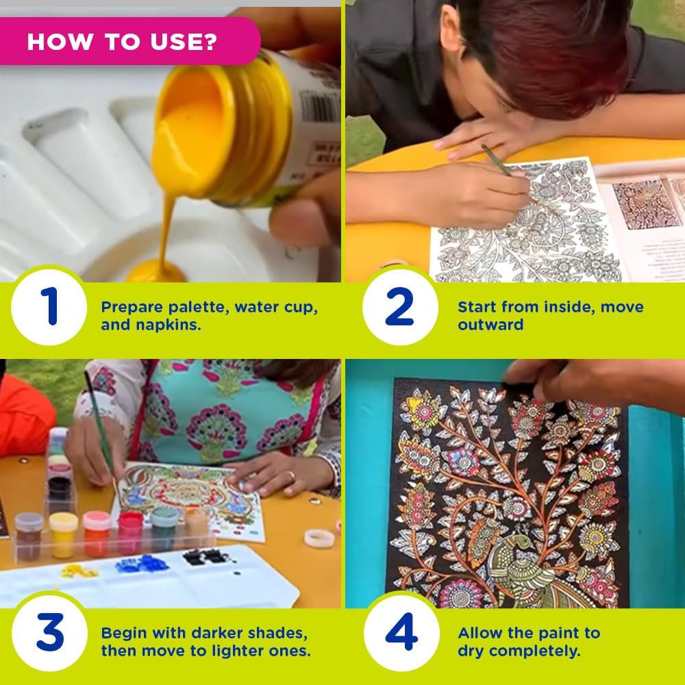 Fevicryl DIY Art of India Kalamkari Art kit | DIY Acrylic Painting Set with Acrylic Paints 12 Shades | Set of 2 Round Brushes | Pre-Designed Canvas 8 x10 | Ideal for Festive Gifting