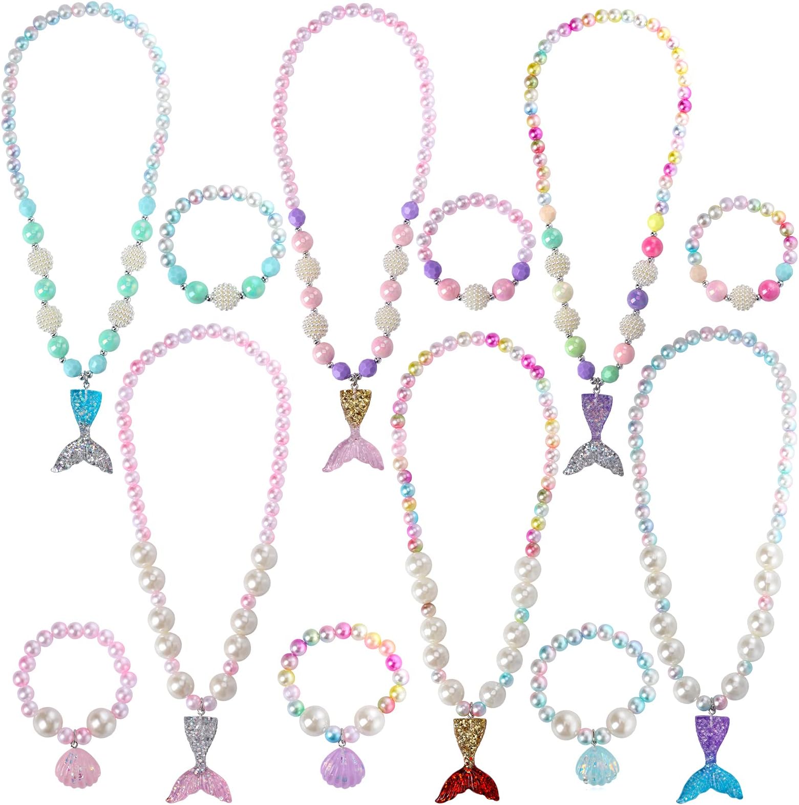 PinkSheepMermaid Beaded Necklace Bracelets for Kids, Little Girl Mermaid Pearl Jewelry Sets, 6 Pack 12pc, Favors Bags for Party (Mermaid)