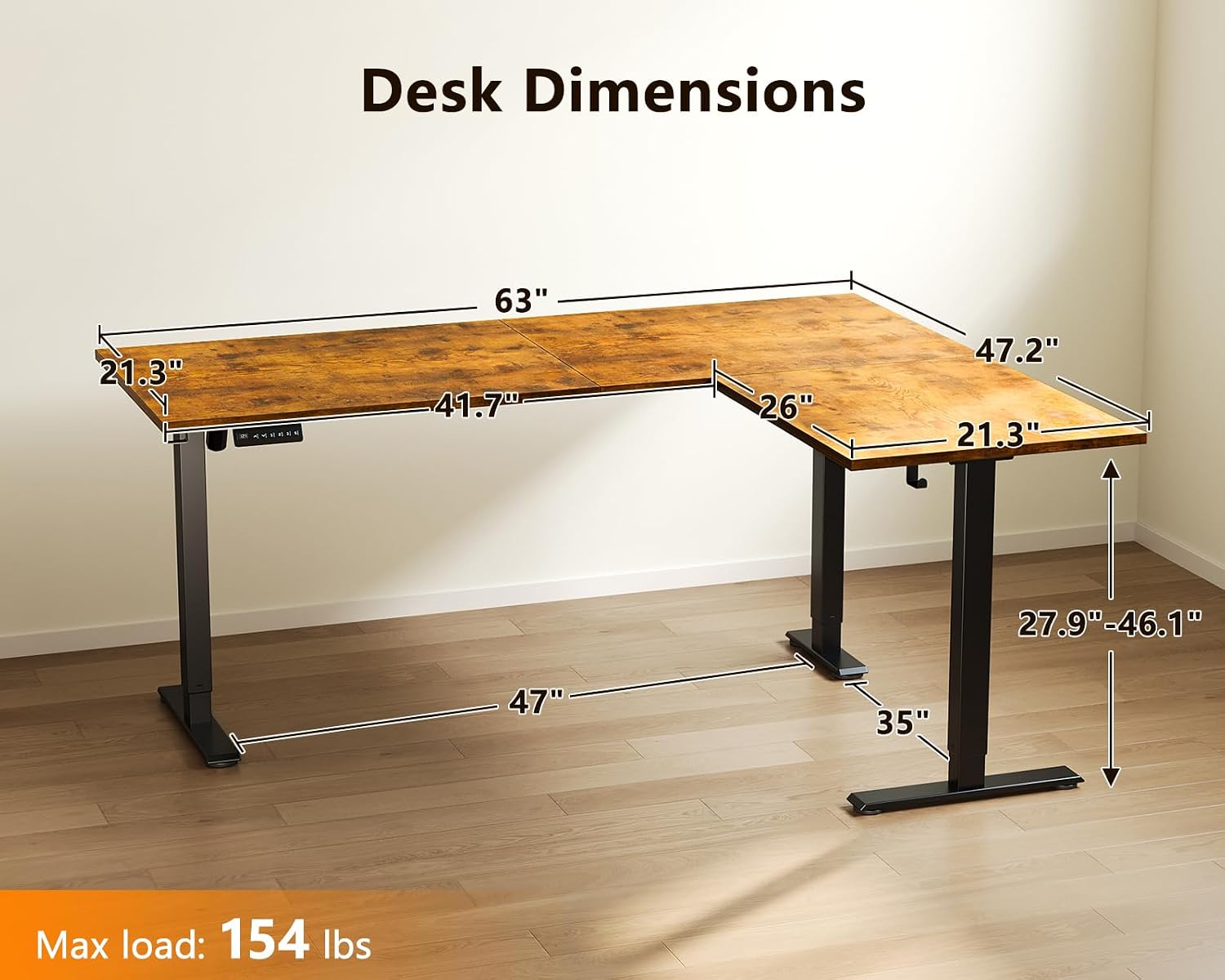 Casaottima 63 Inch Reversible L Shaped Electric Standing Desk, Ergonomic Height Adjustable Desk, Large Lift Corner Stand up Table for Workstation, Home Office, Reception Room, Rustic Brown - 3