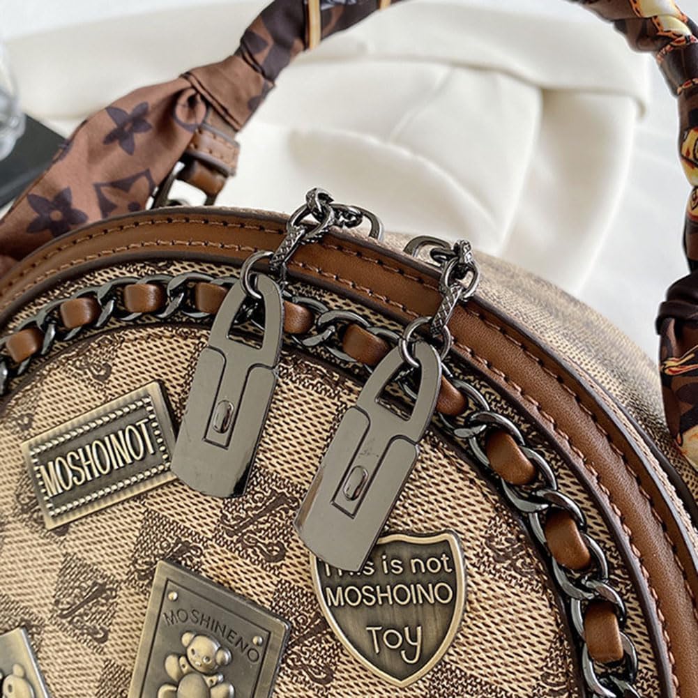 Vintage Women's Bag, Round Crossbody Bag, One Shoulder Crossbody Circle Tote, Large Capacity Daily Purse Handbag for Women Girls (Brown) - Image 6