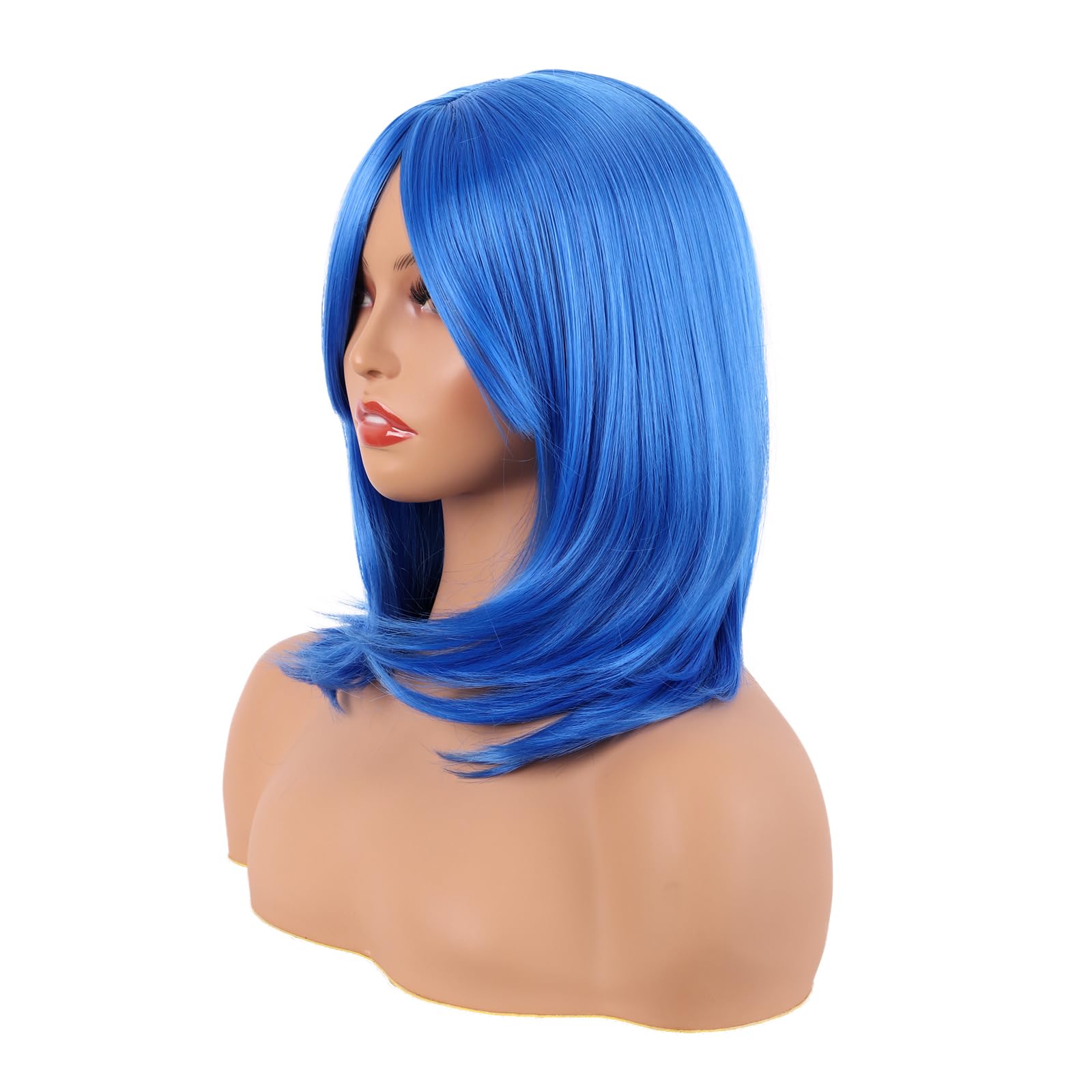 MapofBeauty 18 Inch/45 cm Layered Bangs Straight Synthetic Fiber Shoulder Length Hair Daily Use Wig (Bright Blue) - Image 3