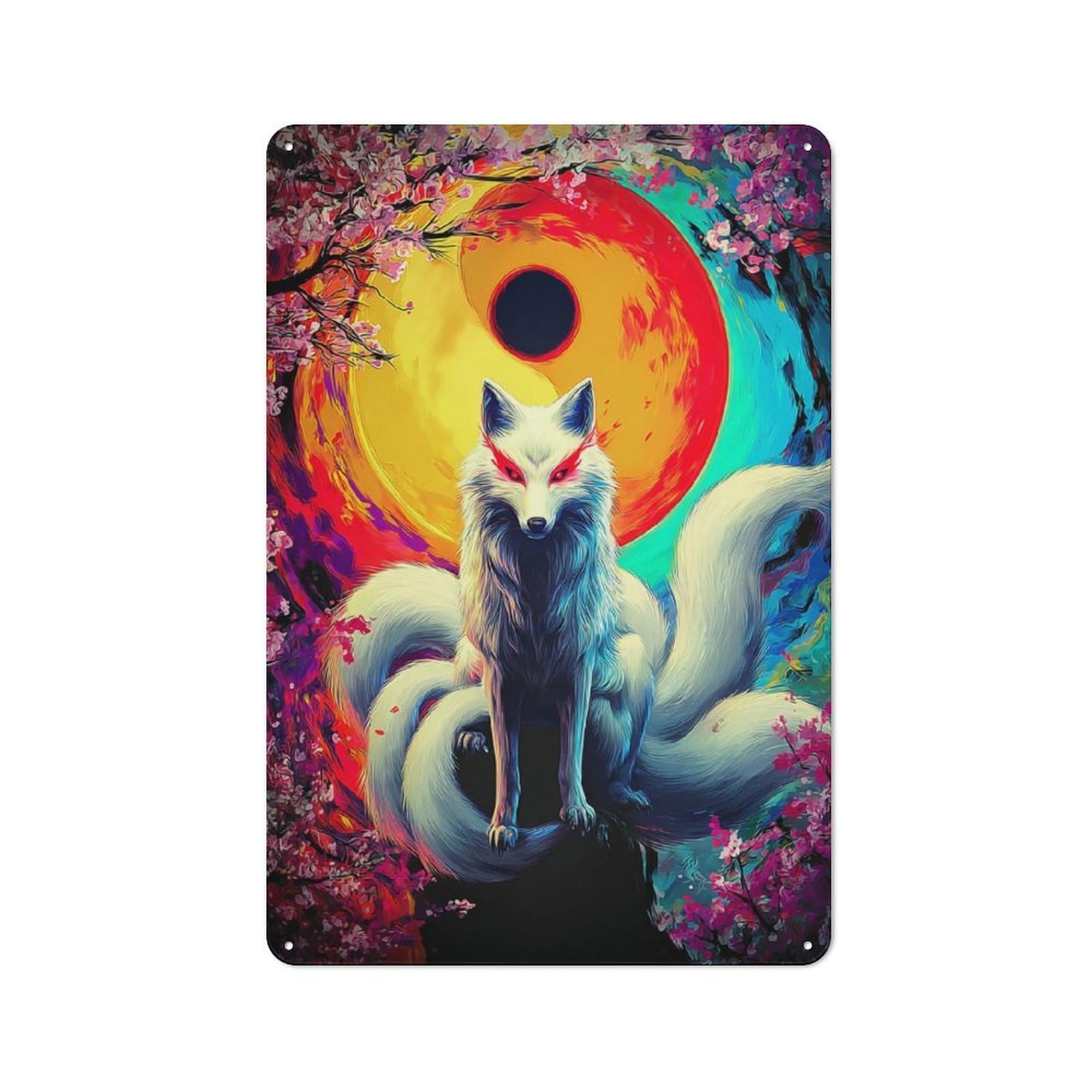 Junmoney Fox Spirit With Cherry Blossoms Metal Wall Sign 30X20cm Featuring For Hallway Wall, Suited To Wall Display Collectors