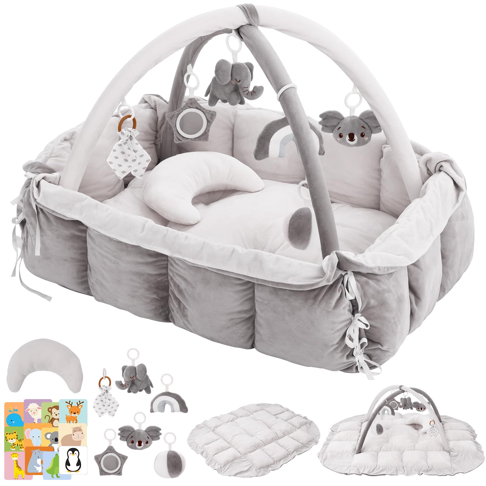5-in-1 Baby Play Gym and Tummy Time Mat Tummy Time Pillow 12 Learning Cards Plush Activity Mat with
