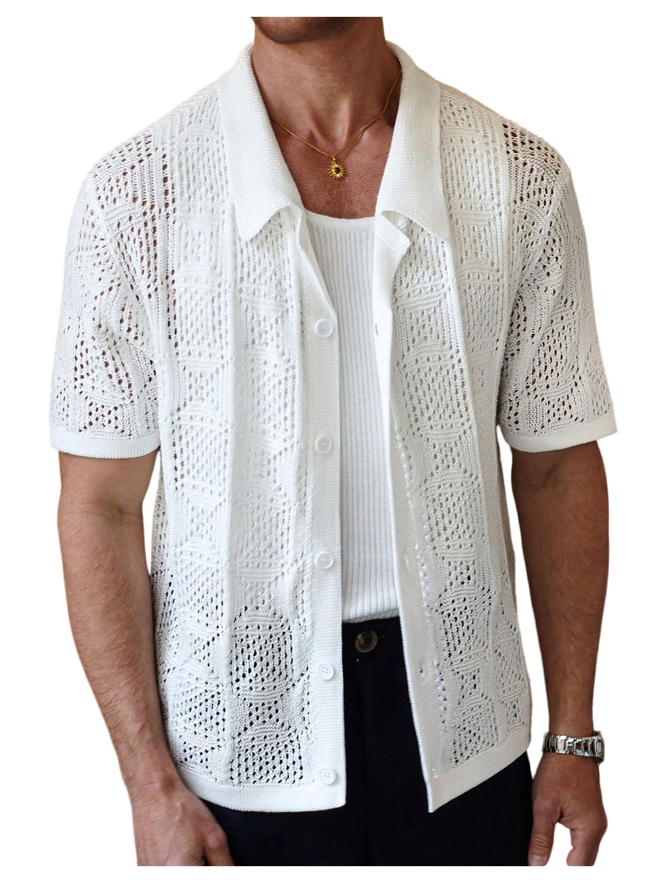 Men's Button Down Crochet Tops Sheer Collared Knit Short Sleeve Sweaters