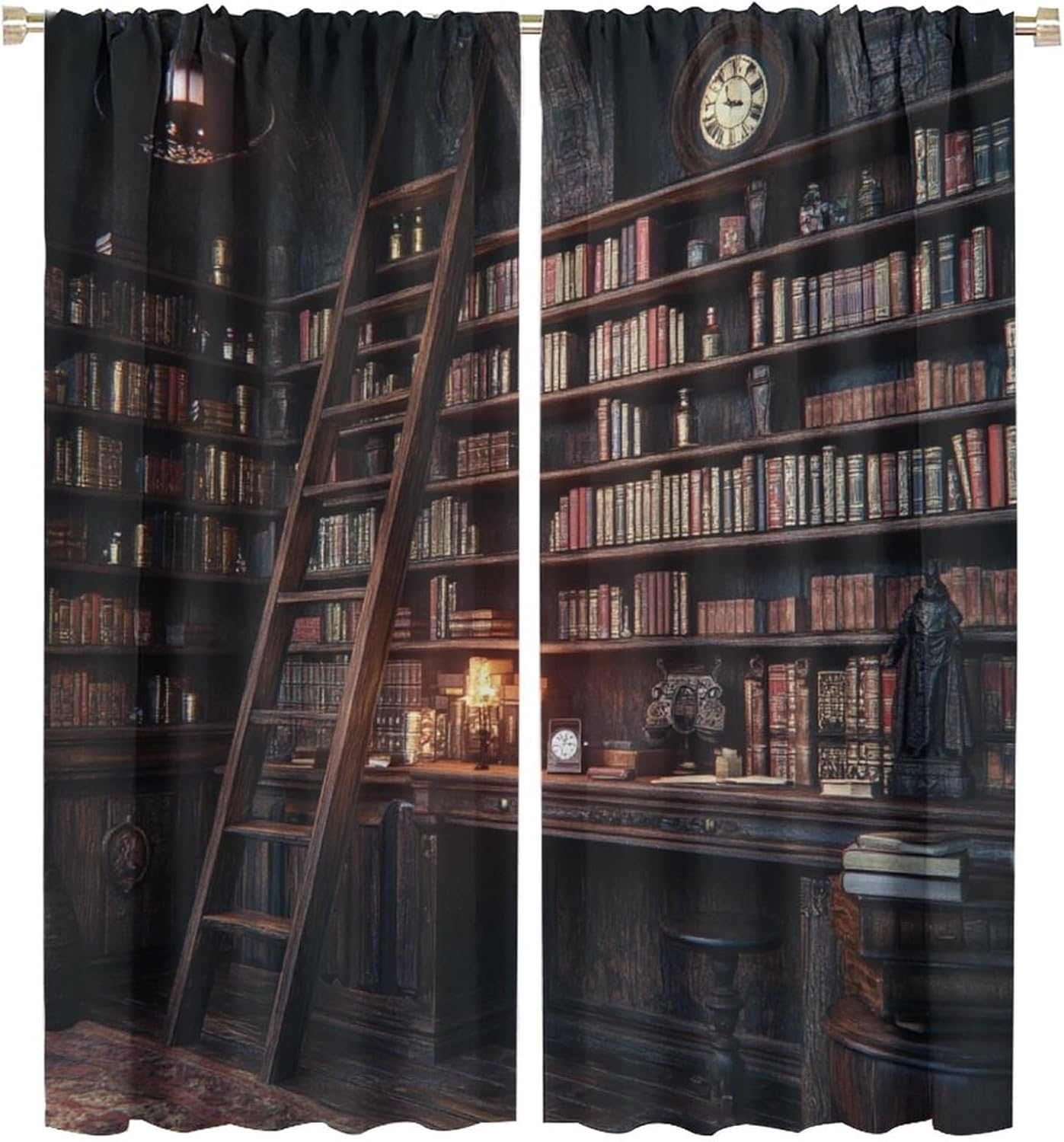 Medieval Clock Bookshelf Blackout Curtains for Bedroom Living Room, Vintage Library Book Candle Curtains Rod Pocket Thermal Insulated Window Drapes, 2 Panels/Each 21" W x 45" L