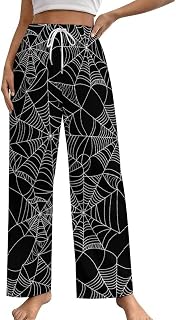 Bagea-Ka Halloween Spider Black Spiderweb Pattern Women Pajama Pants Lounge Sleep Long Pants with Pocket Loungewear