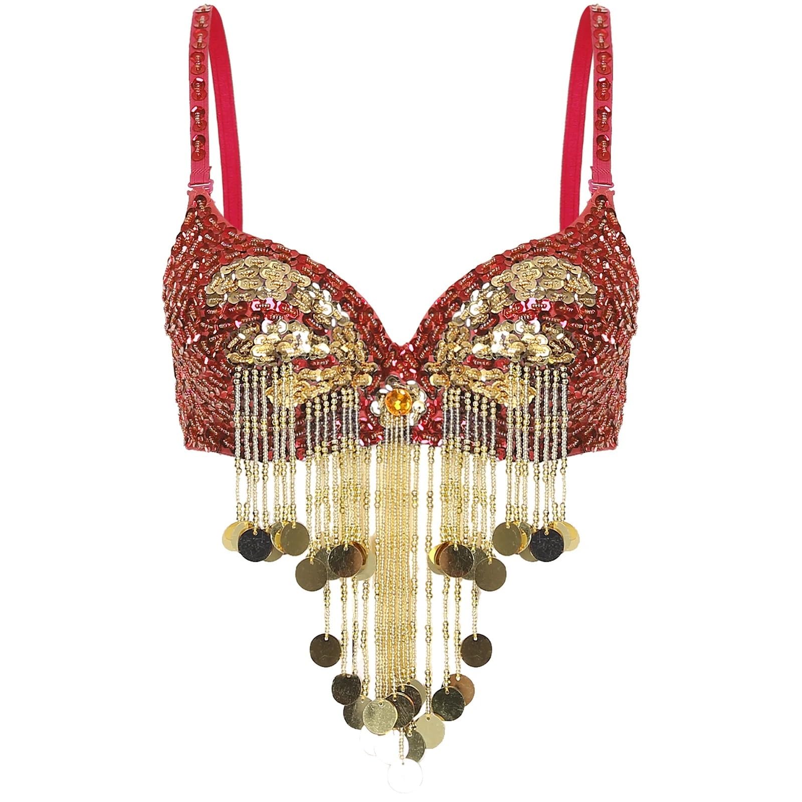 YXINAER Womens Plastic Beaded Tassels Belly Dance Tops Stage Performance Rave Costume Adjustable Straps Shiny Sequins Underwired Bra Belly Dancer Top(Red)