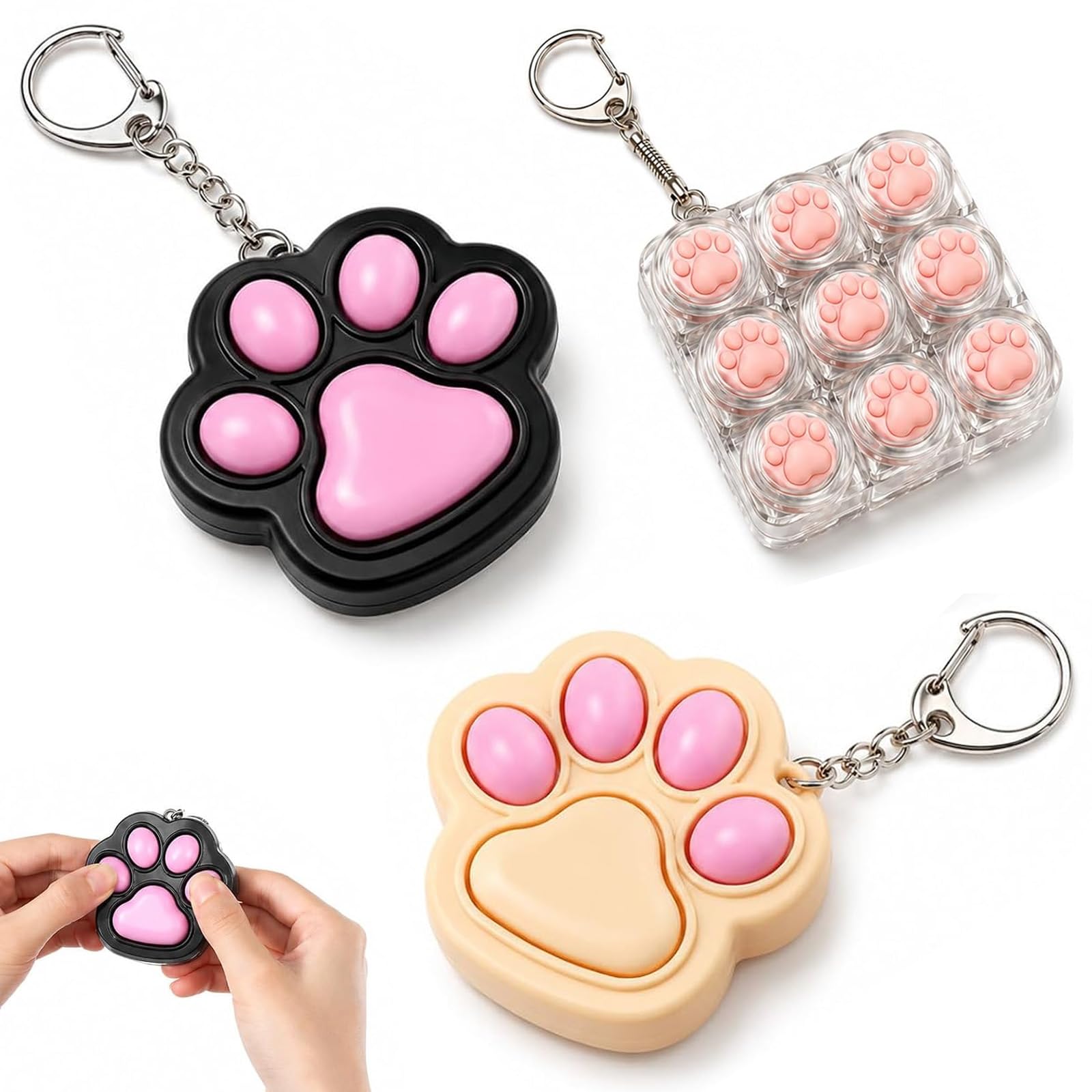 3Pcs Fidget Keyboard Set, Cat Paw Keychain with 9-Key Clicker, Pink & Black