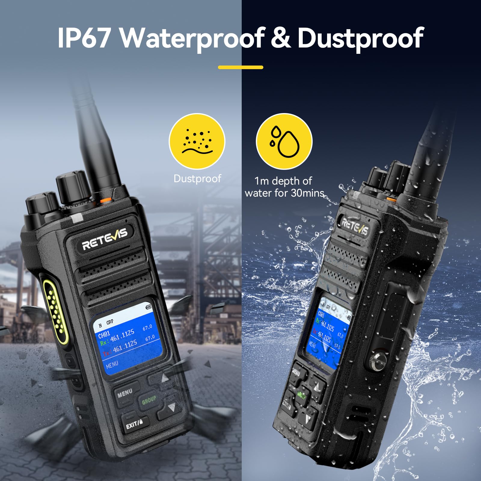 Retevis NR630S Walkie Talkie na Duże Odległości, Wodoodporne Krótkofalówka IP67, 2800mAh Redukcja Szumów AI, Ekran LCD, Wysokiej Mocy Profesjonalne Walkie Talkie do Logistyki (Czarne, 1 Szt.)