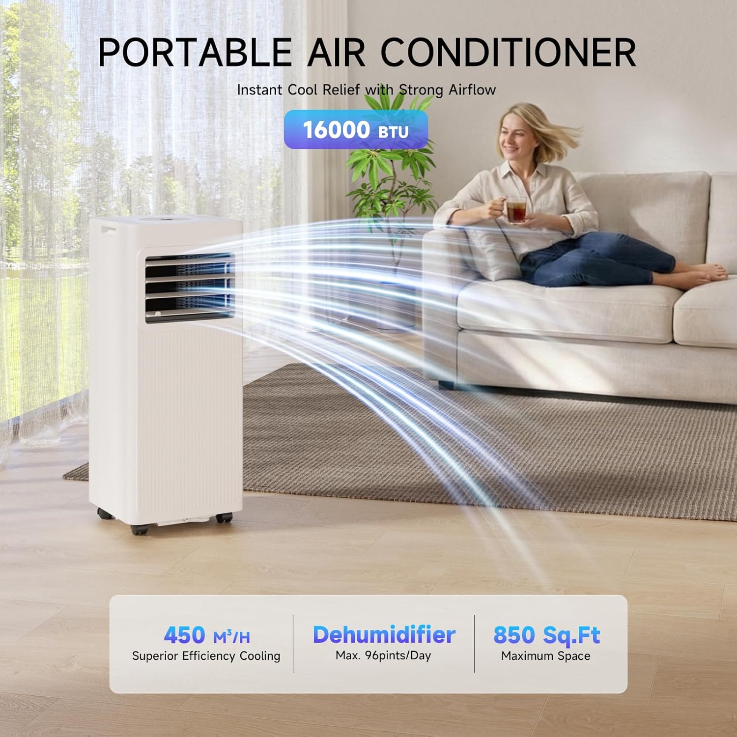 Portable Air Conditioners 16,000 BTU 5-in-1 Air Conditioner Portable Up to 850 Sq.Ft., Portable AC Unit with Cool, Fan, Dehumidifier, 24H Timer, Sleep Smart WiFi Remonte Installation Kit Included thumbnail