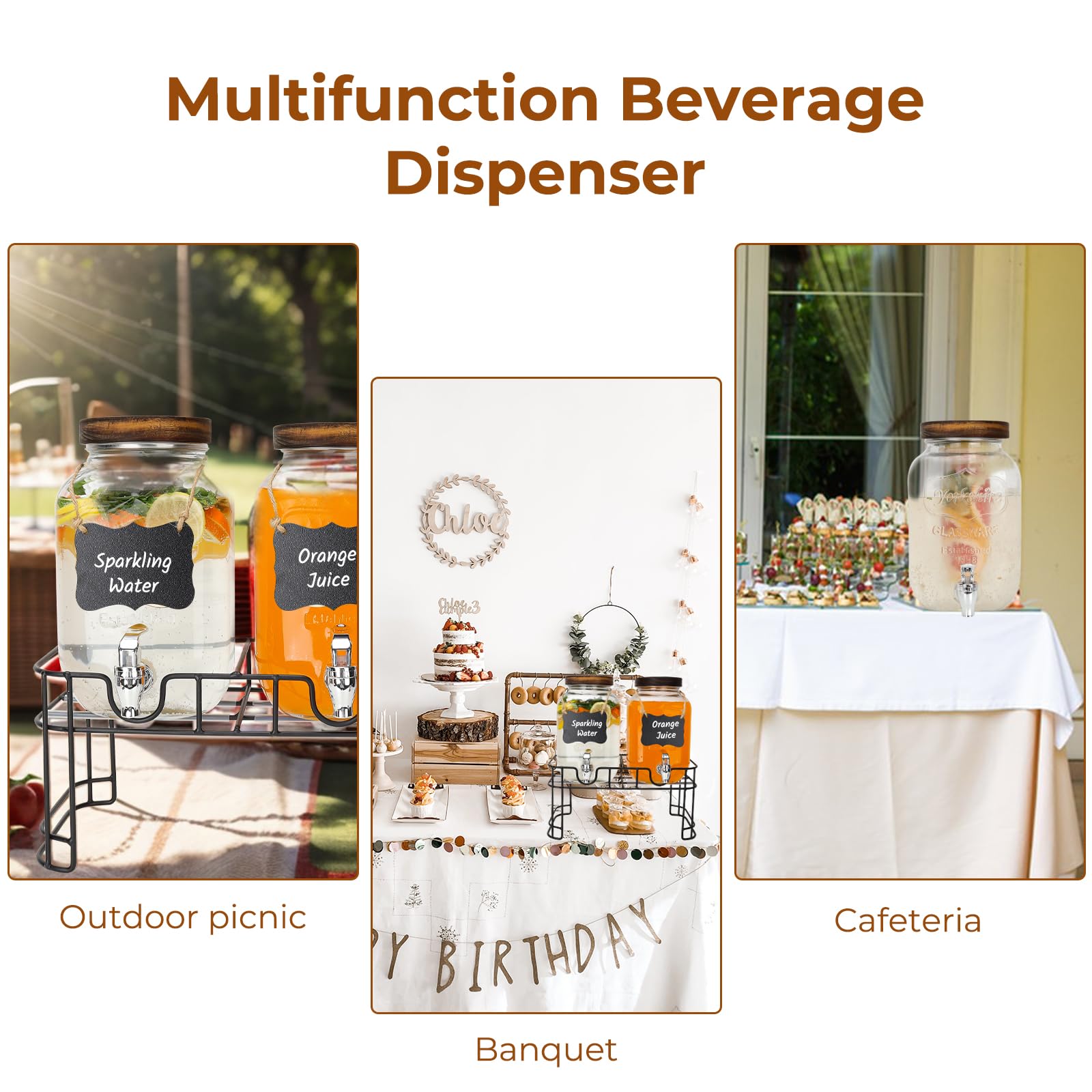 Dispensadores de bebidas de vidrio de 1 galón, paquete de 2 dispensadores de bebidas transparentes con soporte y espiga para fiestas, dispensador de bebidas con núcleo de hielo y calcomanía