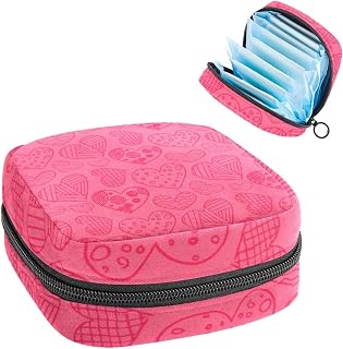 Valentine's Day Hand Drawn Pink Hearts Pattern Period Pouch Portable,Tampon Storage Bag for Sanitary Napkins, Multicolor, 4.7x6.6x6.6 in/12x17x17 cm