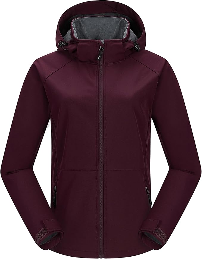 33,000ft Softshelljas voor dames met afneembare capuchon, waterdicht, ademend, met fleece gevoerd, winddicht, overgangsjas, functionele jas voor fietsen, wandelen, framboosrood, XL