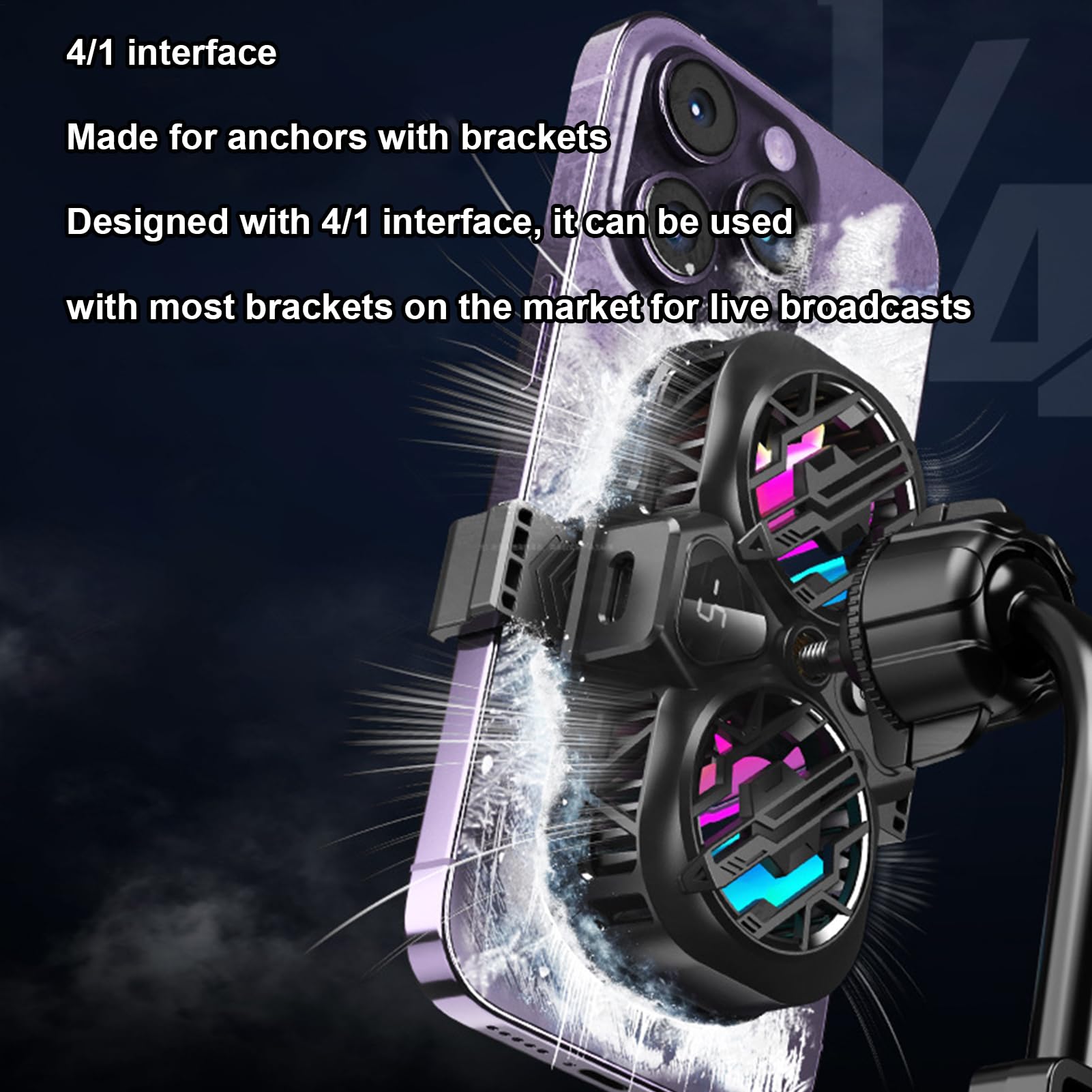 Phone Cooler, Core Mobile Blower, 2.68-3.46 inches Adjustable RGB Cooling Device, Quiet Operate, Two Fan System, Games Use, Smartphone Heat Reduction, Performance Booster