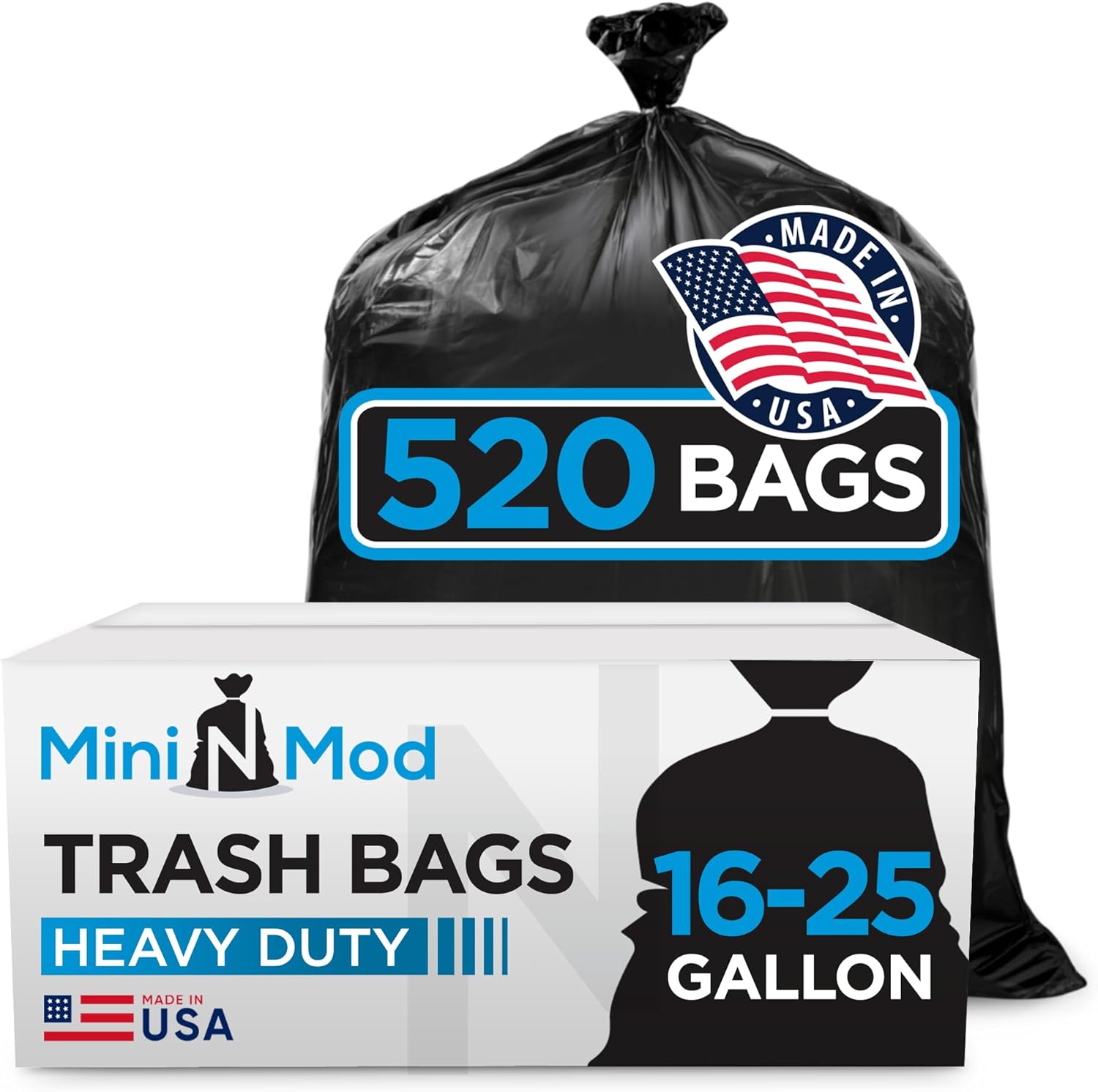 16-25 Gallon Trash Bags – Bulk 520 Count – Medium-Large Black Garbage Bags, One Size Fits 16, 20, 25 Gal Trash Can Liners for Bathroom, Kitchen, Home, Office & Commercial – Tear-Off Roll