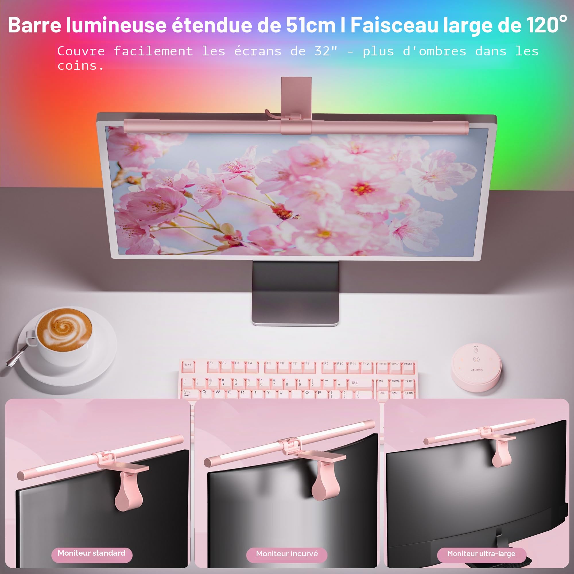 Quntis 51CM USB Lampe Ecran PC Télécommande Rose, 88+56 LED Bureau Gaming RGB Monitor Light Bar, Lumière Ambiante Réglable 15 Couleurs