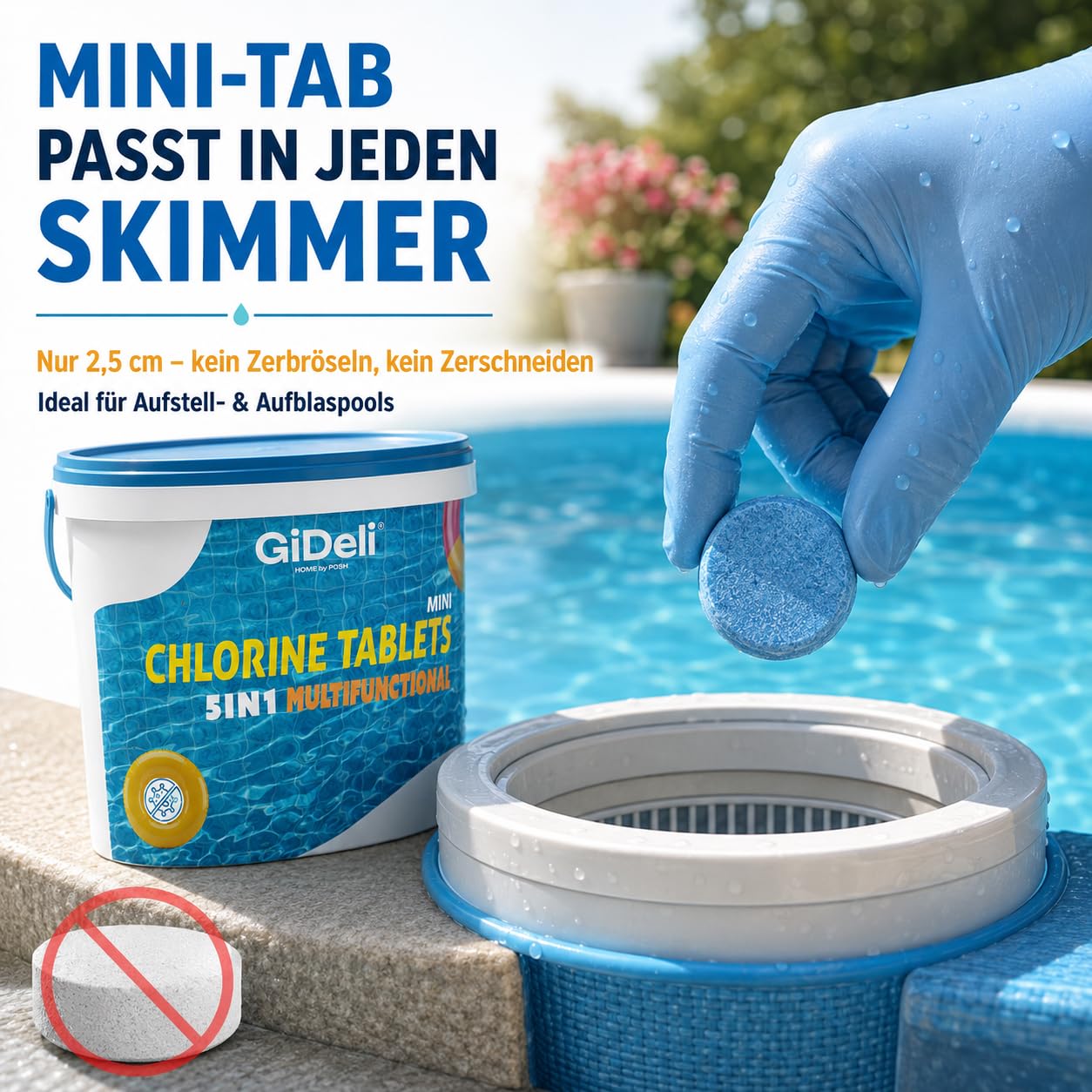 GiDeli Mini Chlortabletten Multifunktional 5kg im Eimer - Langsamlösliche 20-g-Multitabs für kleine Pools - Für Aufstellbecken, aufblasbare Pools & Gartenpool - Algenschutz UV-stabilisiert Flockung