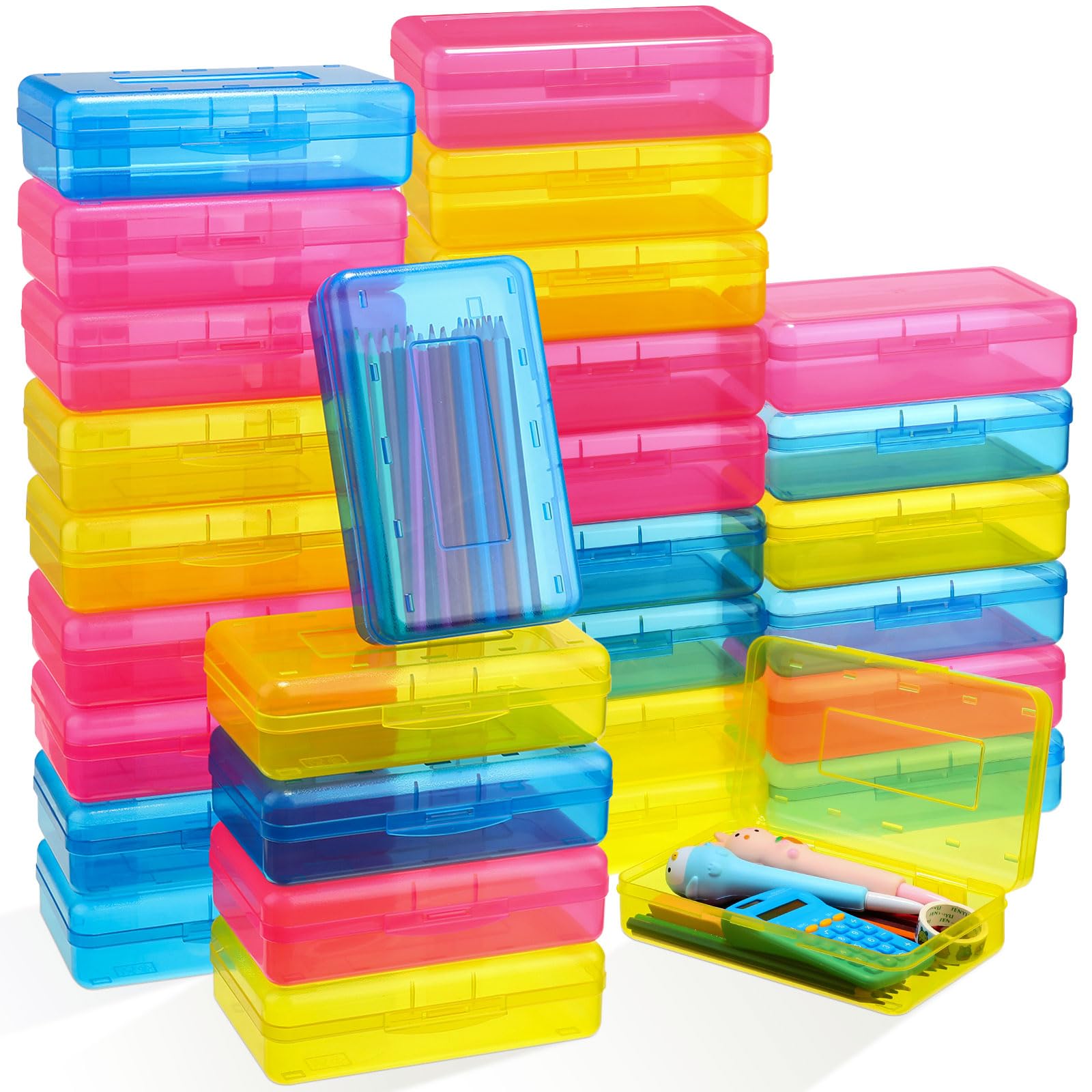 30 Pcs Large Capacity Pencil Case Bulk Clear Hard Plastic Pencil Box Organizer with Snap Tight Lid Stackable Crayon Storage Box for Kids School Classroom Home Office 2 Style (Pink Yellow Blue)