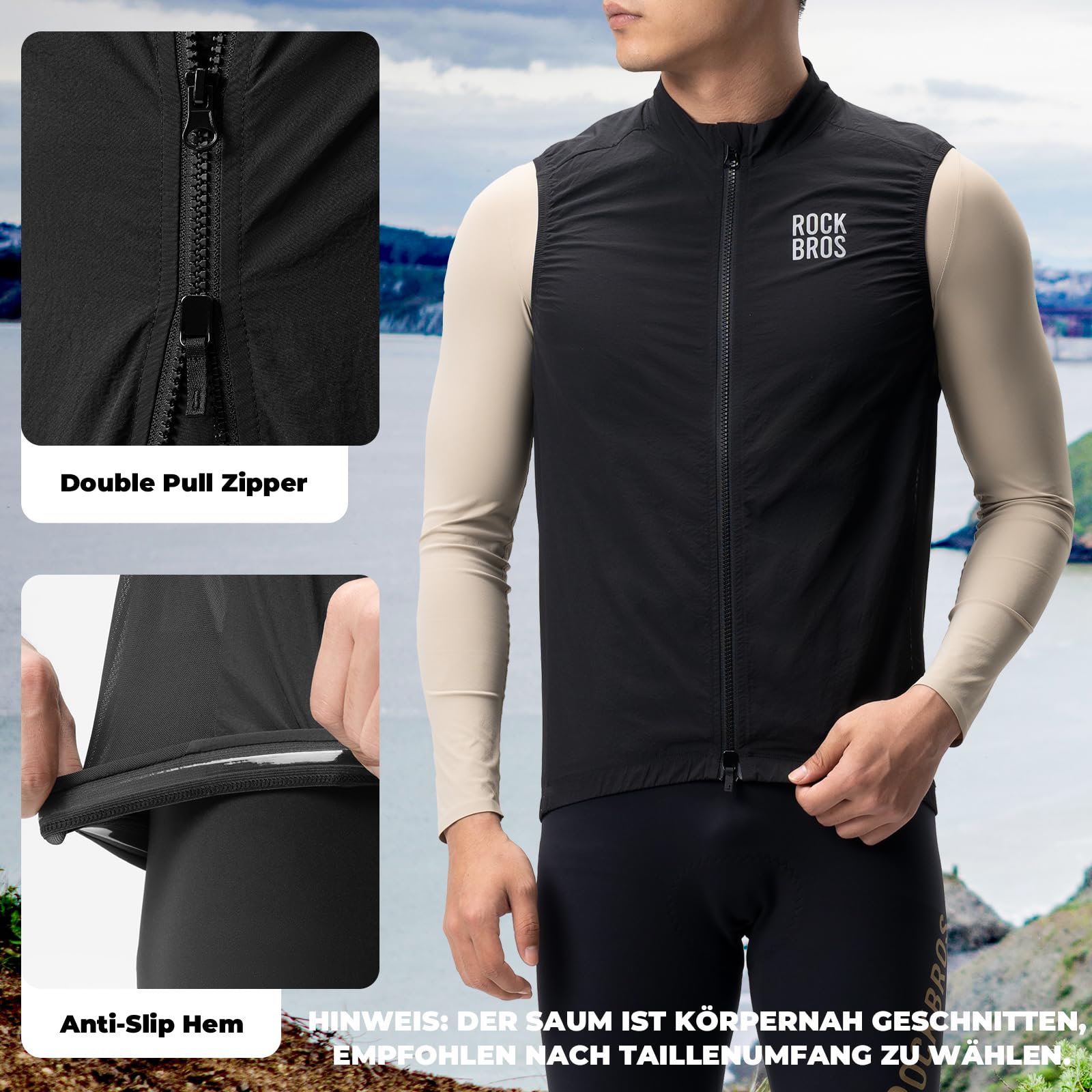 ROCKBROS Chaleco Ciclismo Hombre, Chaqueta Deportiva Sin Mangas Cortaviento Ligero Transpirable Plegable para Carretera MTB Senderismo