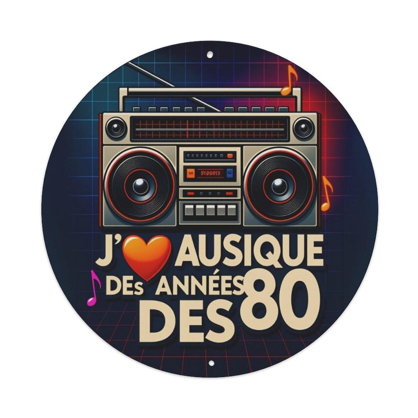 Neon Grid French 80s Retro Boombox Music Round Metal Sign Vintage Aluminium Metal Sign, Retro Wall Decor for Home, Bar, Garage & Farmhouse 20x20cm